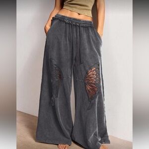 Butterfly wings mesh wide leg pants Women's charcoal Black Butterfly Detail
